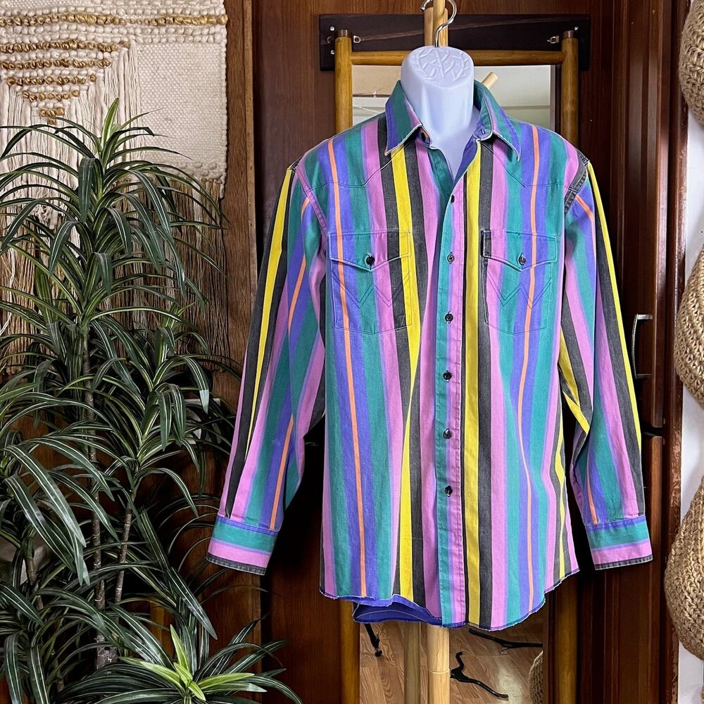 Vintage 90s Wrangler Brushpopper Shirt 16.5-34 USA Purple Pink Stripe Western